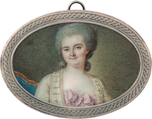Lot 6487, Auction  116, Jourdain, Laurent-Bruno-François - zugeschrieben, Miniatur Bildnis einer jungen Frau in weißem Kleid mit rosa Schleife am Dekolleté