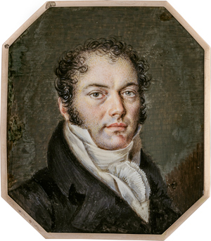 Lot 6496, Auction  116, Russisch, um 1820. Miniatur Portrait eines jungen Mannes in dunkelgrauer Jacke über weißer Weste 