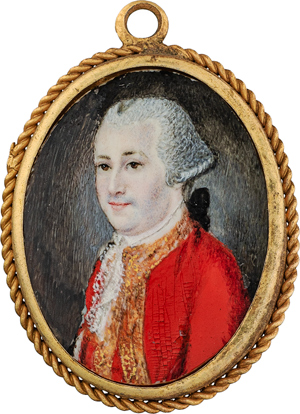 Lot 6506, Auction  116, Englisch, um 1760. Miniatur Portrait eines jungen Mannes mit gepuderter Perücke, in goldgeränderter roter Jacke