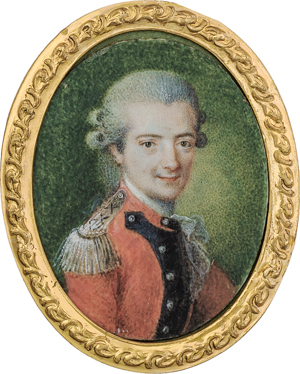 Lot 6508, Auction  116, Kontinentaleuropäisch, um 1775/1780. Miniatur Portrait eines jungen Offiziers mit grau gepuderter Perücke, in roter Uniform mit Silberepauletten