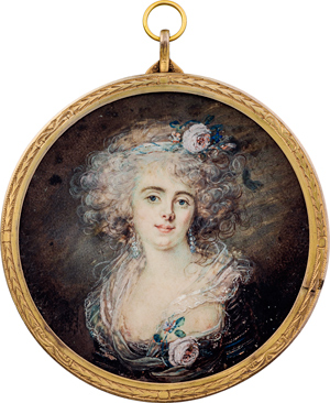 Lot 6511, Auction  116, Augustin, Jean-Baptiste Jacques - Umkreis, Miniatur Portrait der Marie Anne de Staël de Holstein mit Rosen in Haar und Dekolleté