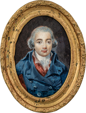 Lot 6514, Auction  116, Isabey, Jean-Baptiste - Schule, Miniatur Portrait eines jungen Mannes mit gepuderter Perücke, in blauer Jacke und roter Weste