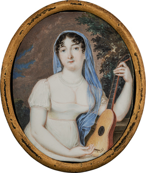 Lot 6516, Auction  116, Italienisch, um 1815. Miniatur Portrait einer jungen Frau in weißem Kleid, eine Gitarre haltend