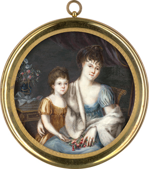 Lot 6518, Auction  116, Französisch, um 1800/1805. Miniatur Doppelportrait einer jungen Frau in hellblauem Kleid und ihrer Tochter in gelbem Kleid
