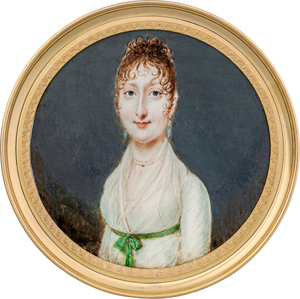 Lot 6519, Auction  116, Soyer, Jean-Baptiste, Miniatur Portrait einer jungen Frau in weißem Mousselinkleid mit grünem Gürtelband