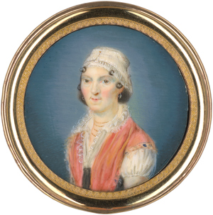 Lot 6521, Auction  116, Deutsch, um 1815. Miniatur Portrait einer Frau mit orangem Schal und weißer Spitzenhaube und Goldketten
