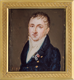 Lot 6523, Auction  116, Französisch, um 1820. Miniatur Portrait eines jungen Mannes in dunkelblauer Jacke mit drei Orden am Revers
