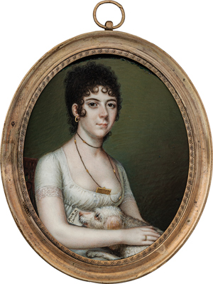 Lot 6524, Auction  116, Französisch, um 1800/1805. Miniatur Bildnis einer jungen Frau mit Miniatur im Dekolleté, einen Hund streichelnd