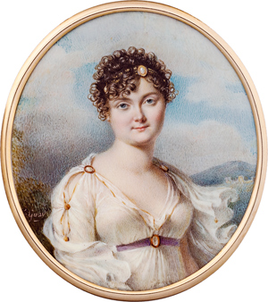 Lot 6526, Auction  116, Le Guay, Étienne-Charles, Miniatur Portrait einer jungen Frau mit Kameenschmuck im Lockenhaar