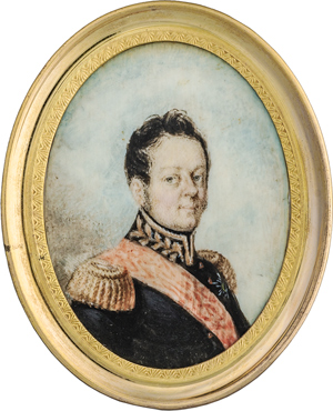 Lot 6530, Auction  116, Russisch, um 1820. Miniatur Portrait eines russischen Generals in Uniform mit rotem Cordon und Goldepauletten