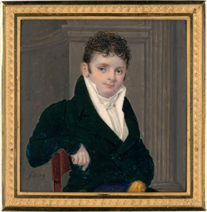 Lot 6533, Auction  116, Fribourg, Denis-Huguenot, Miniatur Portrait eines jungen Mannes mit rechtem Arm auf Stuhllehne