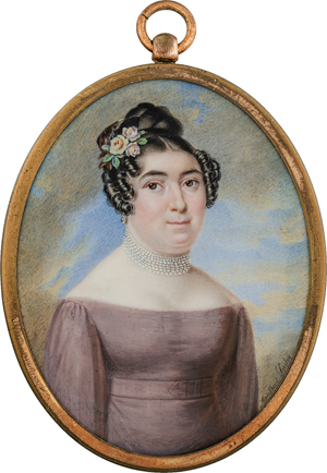 Lot 6537, Auction  116, Suchy, Adalbert, Miniatur Portrait einer Frau mit Perlenhalsband in violettem Kleid 