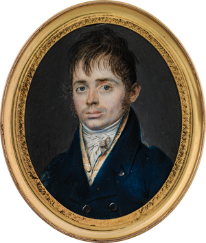 Lot 6538, Auction  116, Deutsch, um 1810/1815. Miniatur Portrait eines jungen Mannes in blauer Jacke und gelber Weste
