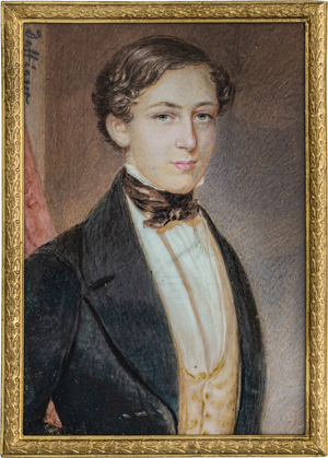 Lot 6539, Auction  116, Peter, Emanuel Thomas, Miniatur Portrait eines jungen Mannes in schwarzer Jacke mit beiger Weste, vor rotem Vorhang 