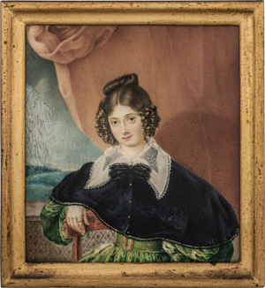Lot 6540, Auction  116, Kontinentaleuropäisch, um 1830/1835. Miniatur Portrait einer jungen Frau in grünem Kleid mit schwarzem Cape