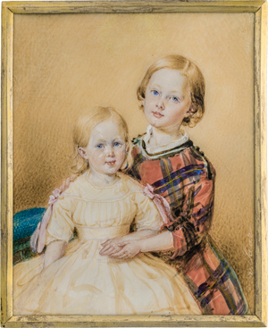 Lot 6542, Auction  116, Saar, Karl von, Miniatur Doppel Portrait zweier Kinder, der Junge in Schottenrock, das Mädchen in Weiß
