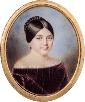 Lot 6545, Auction  116, Französisch, um 1835/1840. Miniatur Portrait einer jungen Frau in bordeaux-rotem Kleid mit weißem Spitzenrand