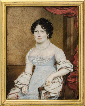 Lot 6551, Auction  116, Lethbridge, Walter Stephens, Miniatur Portrait einer sitzenden jungen Frau, in hellblauem Kleid mit weißem Kaschmirschal 
