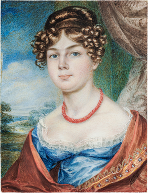 Lot 6552, Auction  116, Englisch, um 1815/1820. Miniatur Portrait einer jungen Frau in blauem Kleid und rotem Schal vor Landschaftshintergrund 