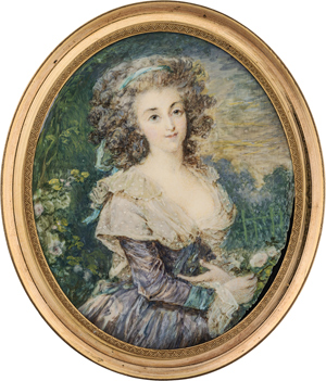 Lot 6553, Auction  116, Dumont, François - nach, Miniatur Portrait der Madame de Songeons in Parklandschaft mit Blumenstrauß in der Rechten
