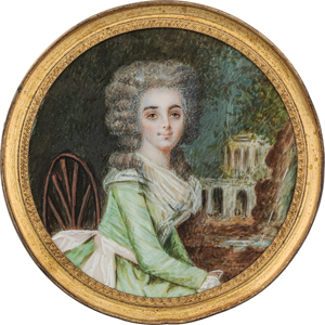 Lot 6555, Auction  116, Deranton, Joseph - nach, Miniatur Portrait einer jungen Frau in hellgrünem Kleid, in Park sitzend
