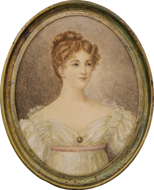 Lot 6556, Auction  116, Englisch, Miniatur Portrait einer jungen Frau in weißem Kleid mit rosa Gürtelband