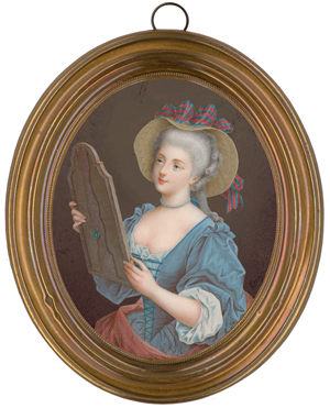 Lot 6557, Auction  116, Europäisch, Miniatur Portrait einer jungen Frau, sich in einem Spiegel betrachtend