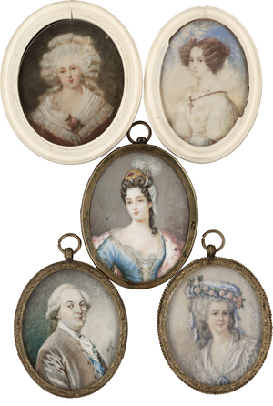 Lot 6560, Auction  116, Europäisch, frühes 20. Jahrhundert. 5 ovale Miniatur Portraits in Metall- und Elfenbeinrahmen plus Silhouette plus Rahmen