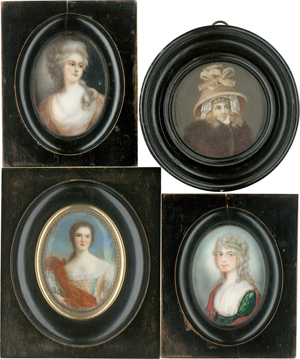 Lot 6561, Auction  116, Europäisch, frühes 20. Jahrhundert. 4 Miniatur Portraits in schwarz gebeizten Holzrahmen Frauenbildnisse im Stil des 18. Jh. 
