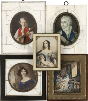 Lot 6563, Auction  116, Europäisch, frühes 20. Jahrhundert. 4 Miniatur Portraits in Holz- und Elfenbeinrahmen plus Lithografie