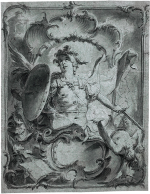 Lot 6682, Auction  116, Augsburgisch, Mitte 18. Jh. Rocaillekartusche mit dem Erzengel Michael