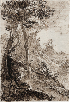 Lot 6703, Auction  116, Bolognesisch, spätes 18. Jh. Zwei Bäume in einer Gebirgslandschaft