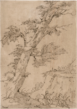 Lot 6707, Auction  116, Französisch, 18. Jh. Landschaft mit Baum und zwei rastenden Männern