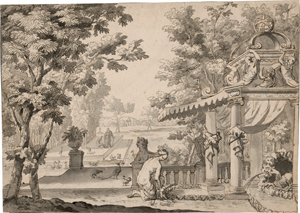 Lot 6713, Auction  116, Moucheron, Isaac de, Rastende am Wasser mit Tempelarchitektur vor einer antiken Stadtansicht