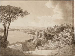 Lot 6752, Auction  116, Zingg, Adrian - Schule, Blick über eine weiter Landschaft mit See, rechts ein befestigtes Gebäude