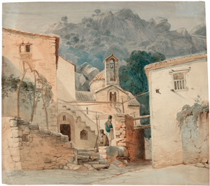 Lot 6815, Auction  116, Preller  d. Ä., Friedrich, Zwei orthodoxe Mönche vor einer griechischen Kirche im Gebirge