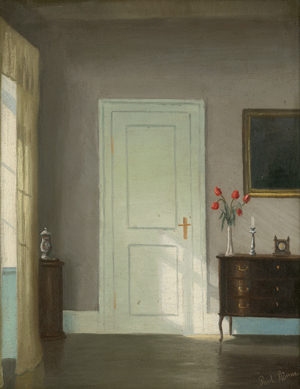 Lot 7085, Auction  116, Drews, Kai Jeppe, Interieur mit weißer Tür und roten Tulpen