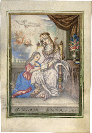 Lot 522, Auction  117, Educatio virginis, Die heilige Anna lehrt Maria das Lesen. Andachtsbild. Miniatur in Gouache 