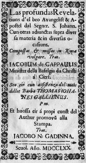 Lot 1060, Auction  117, Cappaulis, Jacob de, Las profondas revelatinus d'el beo Avangelist 