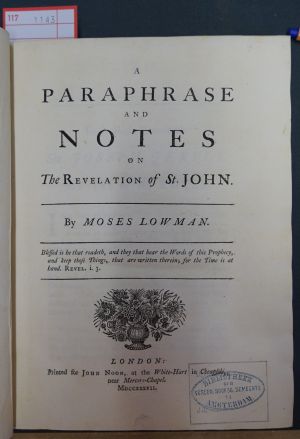 Lot 1143, Auction  117, Lowman, Moses, A Paraphrase and Notes on the Revelation of St. John