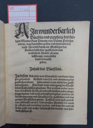 Lot 1184, Auction  117, Ferrer, Vinzenz, Ain wunderbarlich Büchlin und prophecej