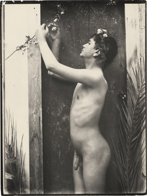 Lot 4057, Auction  117, Gloeden, Wilhelm von, Young male nude in doorway with blossom branch