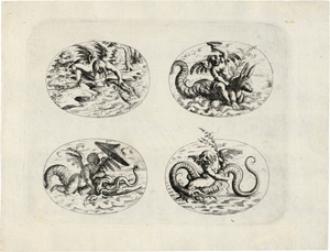 Lot 5553, Auction  117, Jamnitzer, Christoph, Genien auf phantastischen Seetieren in ovalen Kartuschen