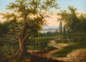 Lot 6027, Auction  117, Deutsch, um 1780. Baumbestandene Landschaft mit Wanderern auf einem Weg