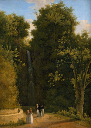Lot 6050, Auction  117, Monogrammist M. G., Parklandschaft mit Wasserfall und elegnater Parkgesellschaft bei einem Brunnen