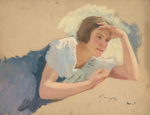 Lot 6192, Auction  117, Seeger, Hermann, Studie einer liegenden, jungen Frau im blauweißen Kleid. 