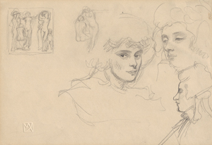 Lot 6221, Auction  117, Kurzweil, Maximilian, Skizzenblatt mit dem Portrait einer jungen Frau sowie weiteren Figurenstudien