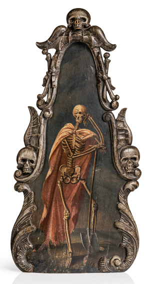 Lot 6311, Auction  117, Zentralschweiz, 18. Jh. . Ein Skelett als Totengräber, wohl Tumba- oder Katafalkschmuck
