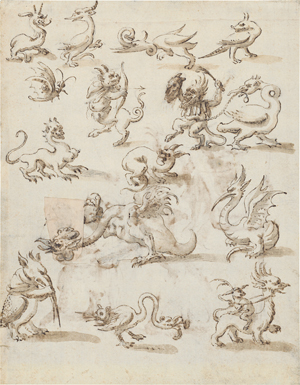 Lot 6333, Auction  117, Frankreich, 17. Jh. Studienblatt mit einem Basilisken, Chimären und grotesken Tierfiguren