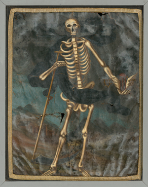 Lot 6349, Auction  117, Schweiz (Kanton Graubünden), um 1750. Begräbnisfahne mit dem Tod mit Sense und Sanduhr, auf der Rückseite die Auferstehung Christi